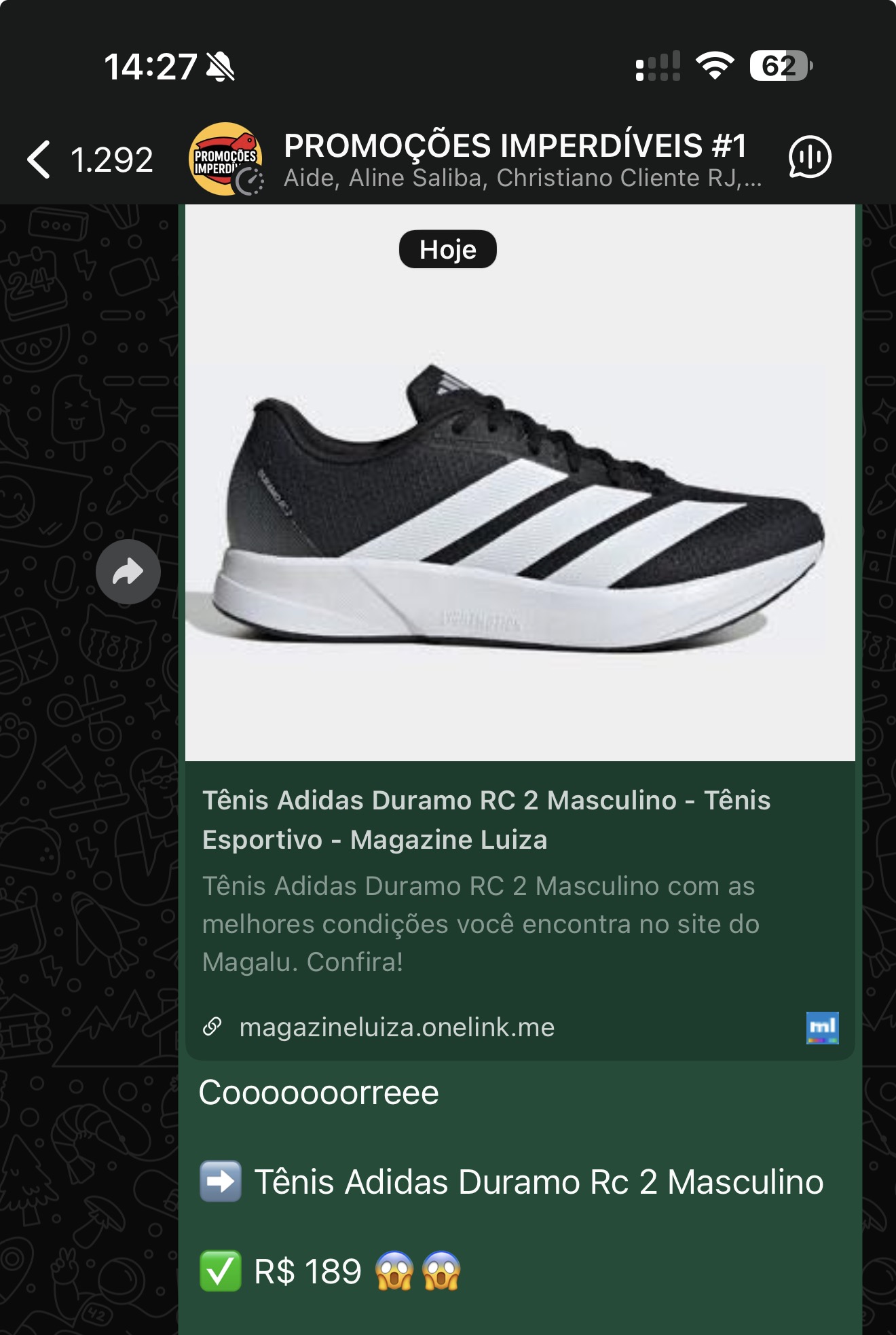 Oferta Tênis Adidas Duramo na Shopee por R$ 189
